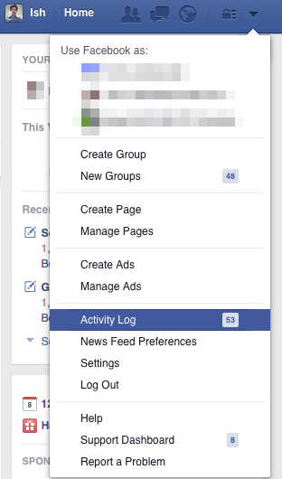 Search your Facebook posts, Activity Log