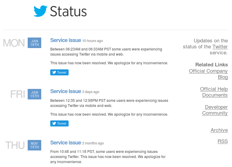 Twitter status page