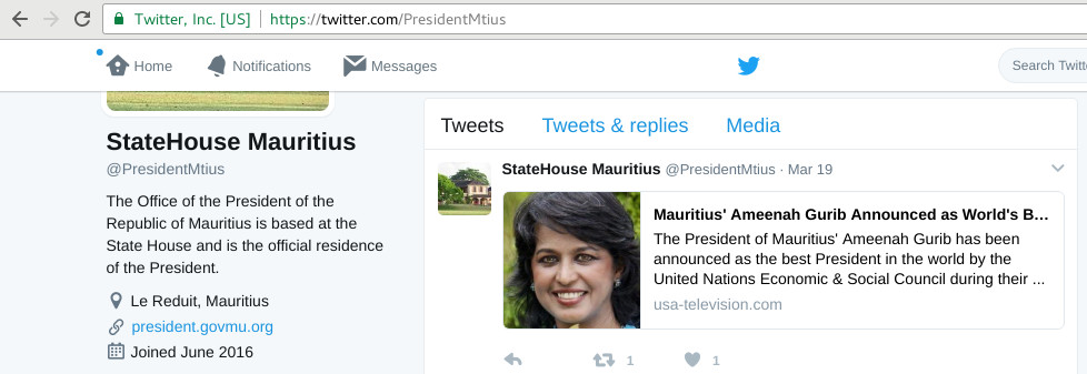 President of Mauritius - Twitter profile