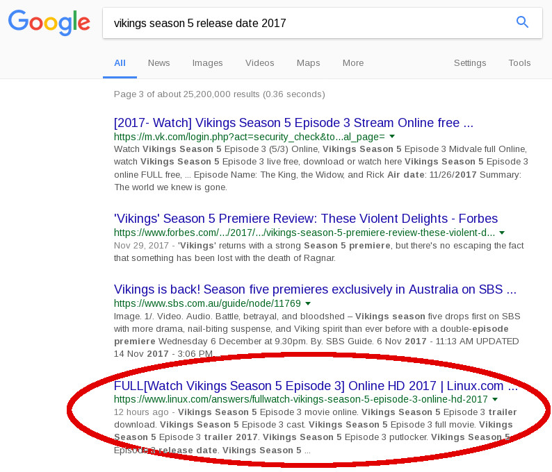 linux.com website in Vikings search results